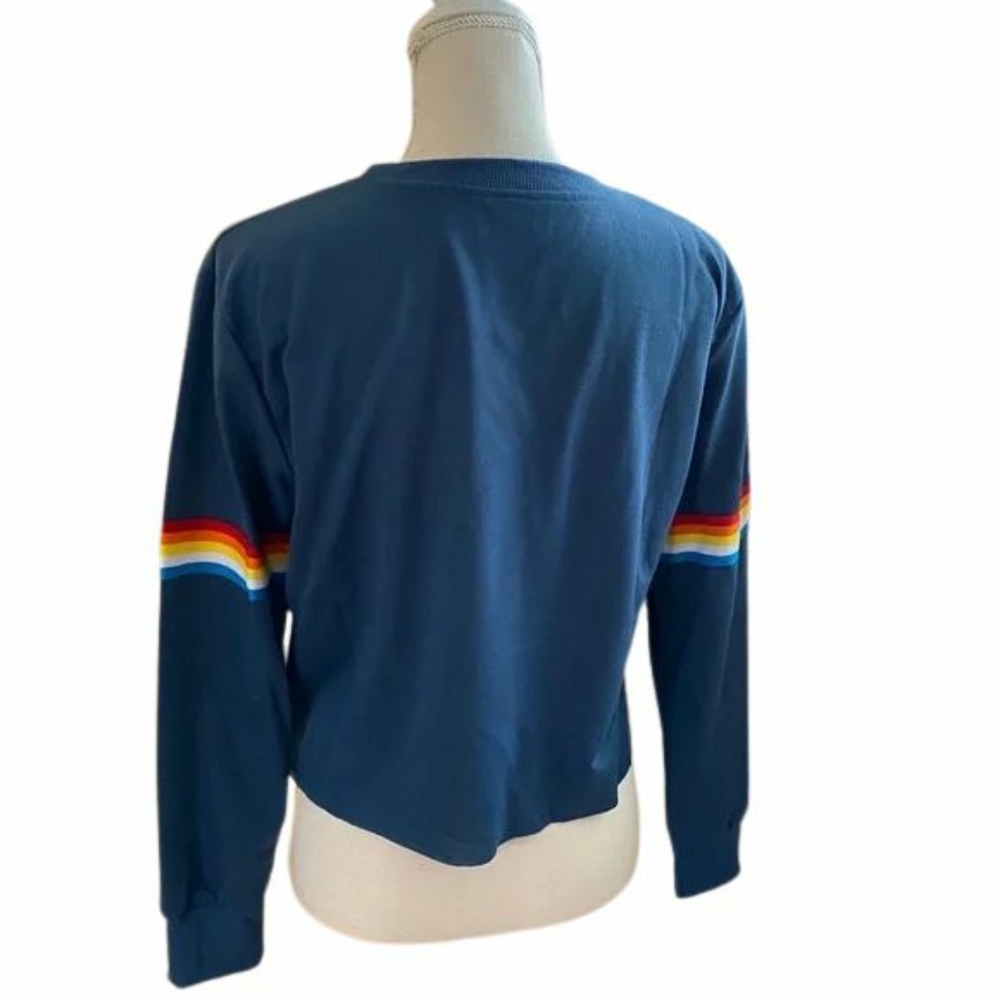 Rainbow Stripe Blue Cropped Lightweight Pride Sweatshirt, Sz L - Picture 3 of 13